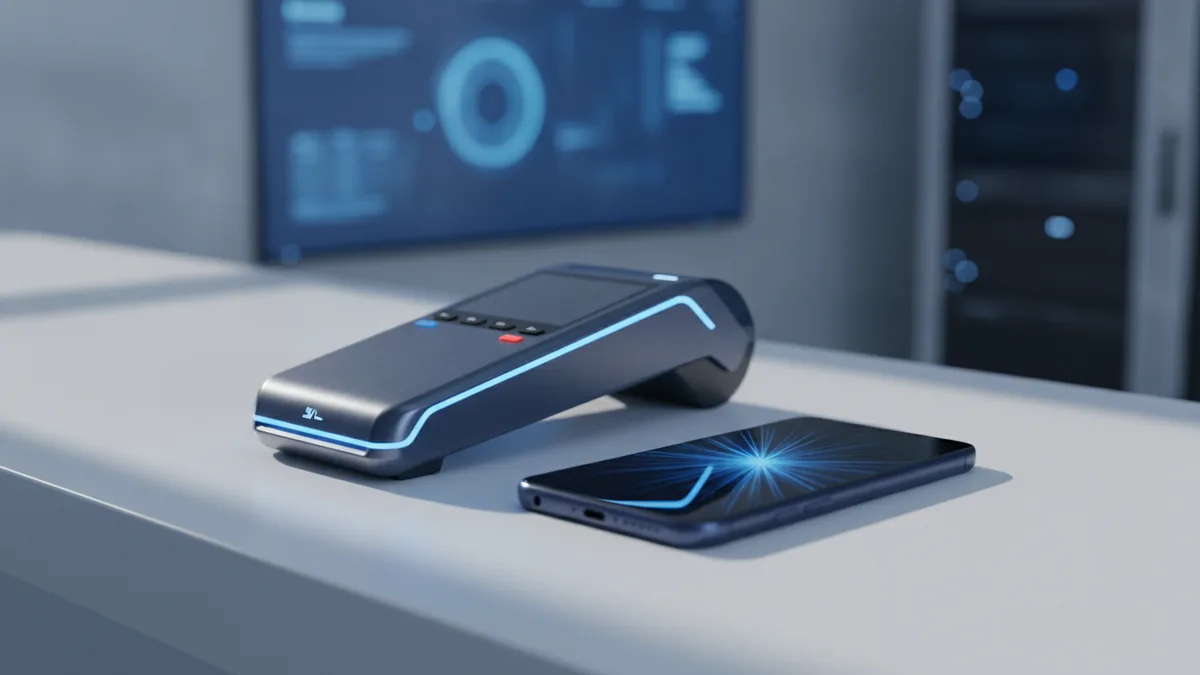 Payment terminal and smartphone setup representing secure patient payment processing.