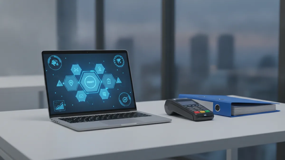 Features that connect Laptop and document folders representing invoicing and payment tracking features