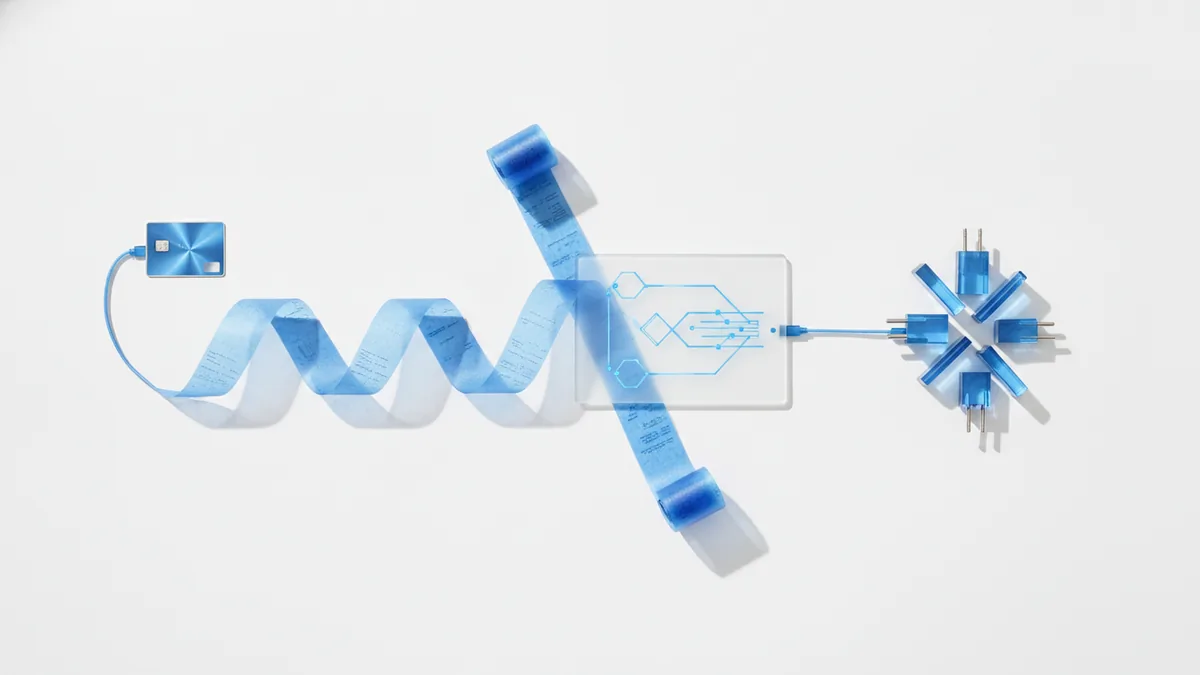 Receipt, card, and tablet arranged to suggest connected payment steps