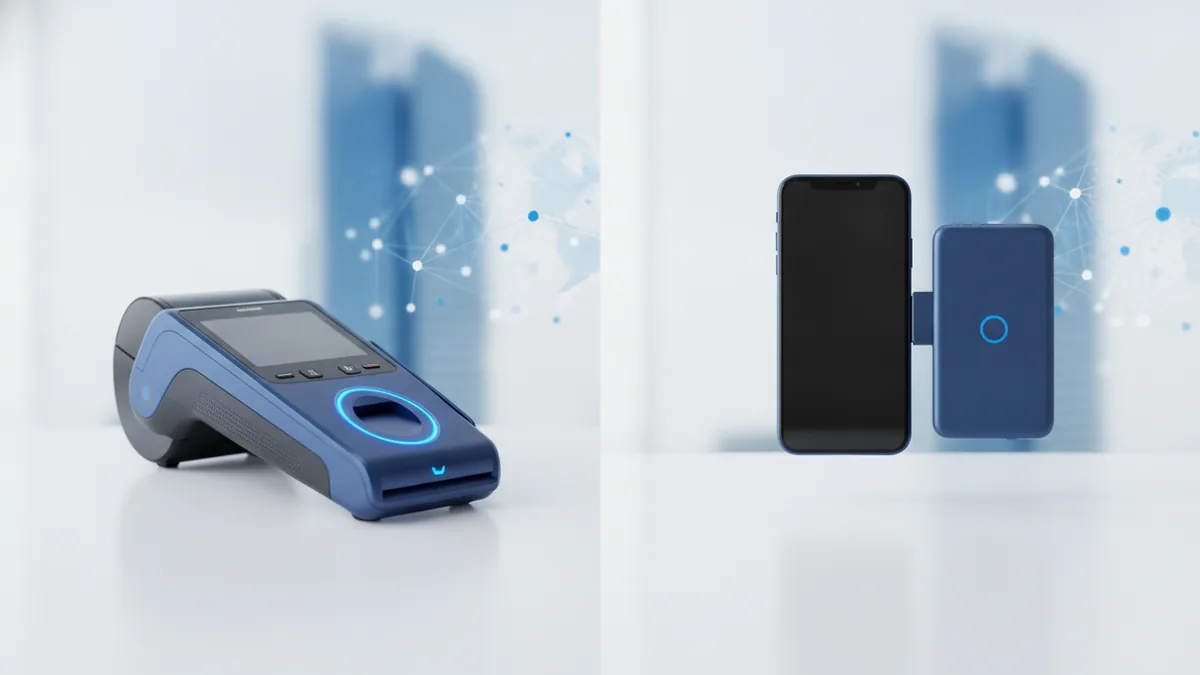 Traditional vs mobile processing Counter terminal and handheld reader paired to show processor types