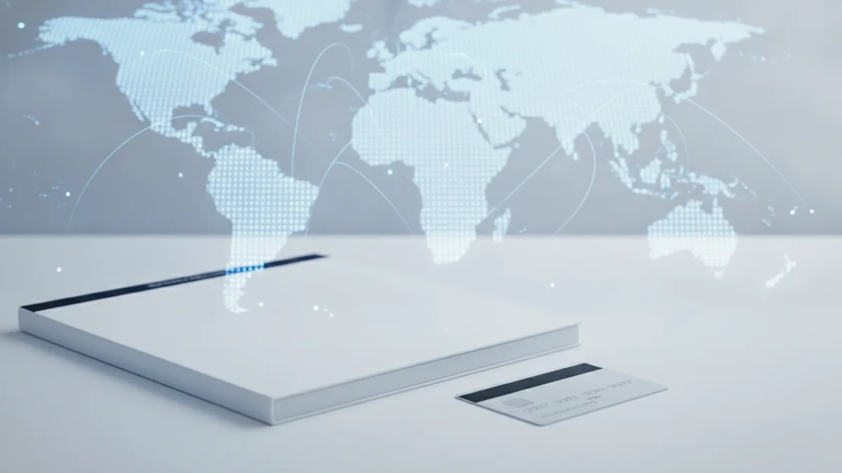 How card networks route transactions Notebook and card on a desk with a map-like network background