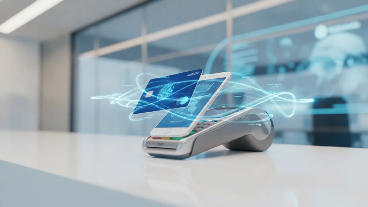 Emerging digital payment tools Contactless card and smartphone beside a secure retail payment terminal