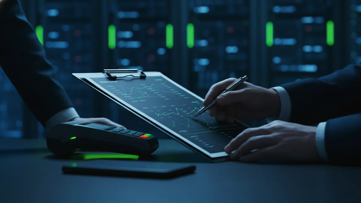 Teams reviewing payment flow with a card reader and mobile device on a desk