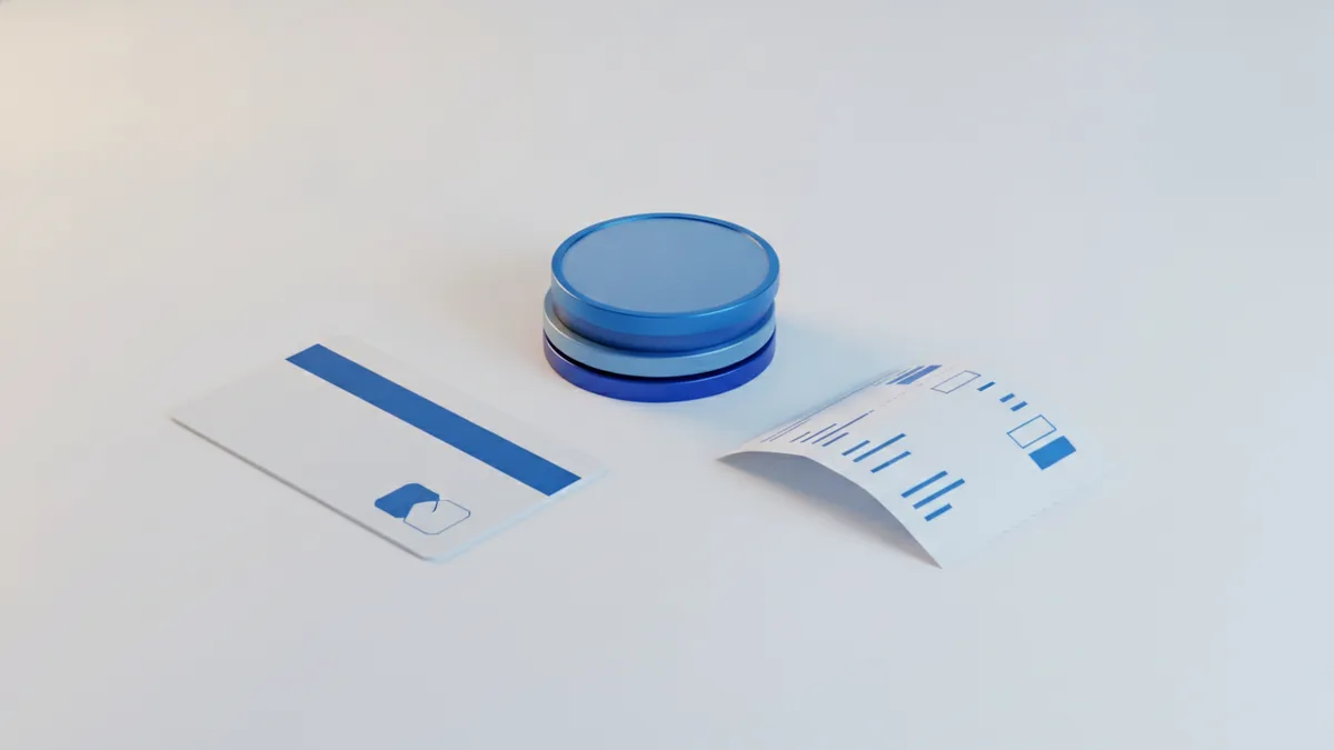 Three fee components concept shown with coins, card, and receipt