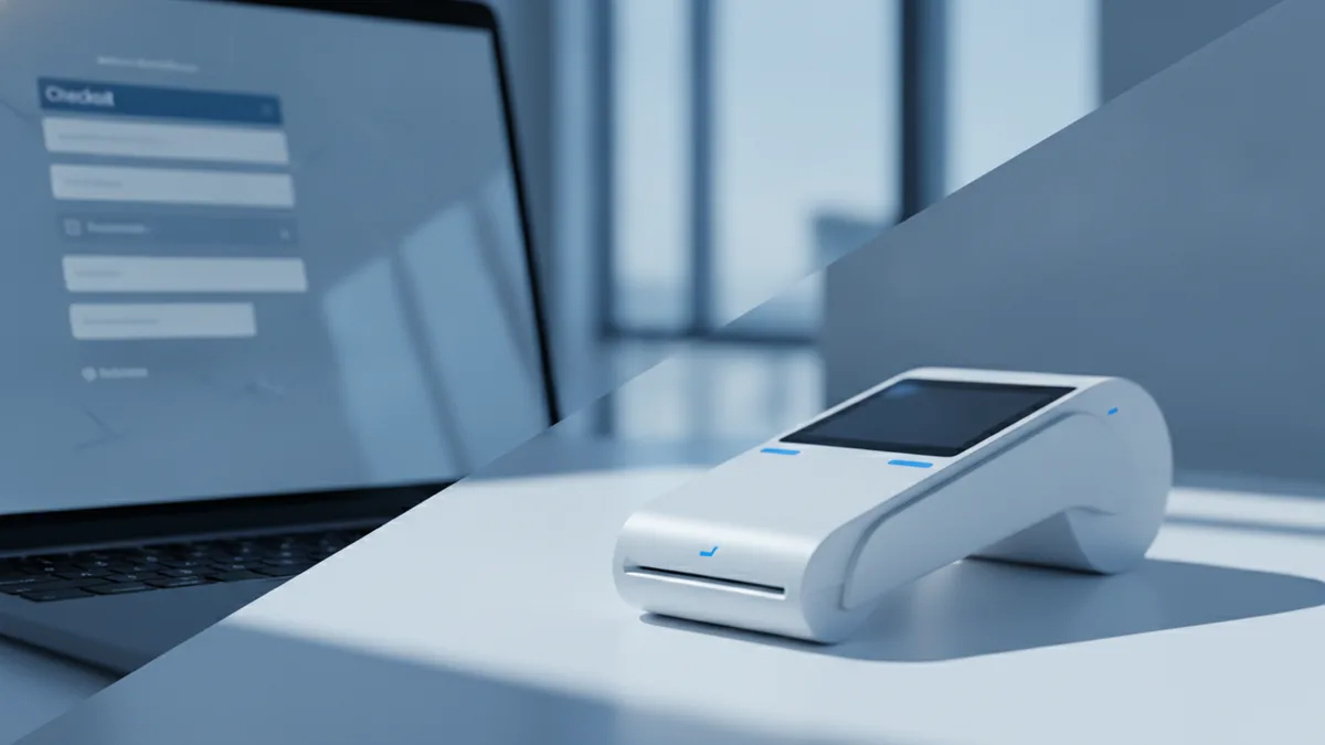 Online vs in-person fees Visual comparison of online checkout and in-person card processing