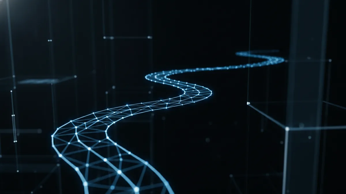 Connected payment workflow steps visualized with glowing network points