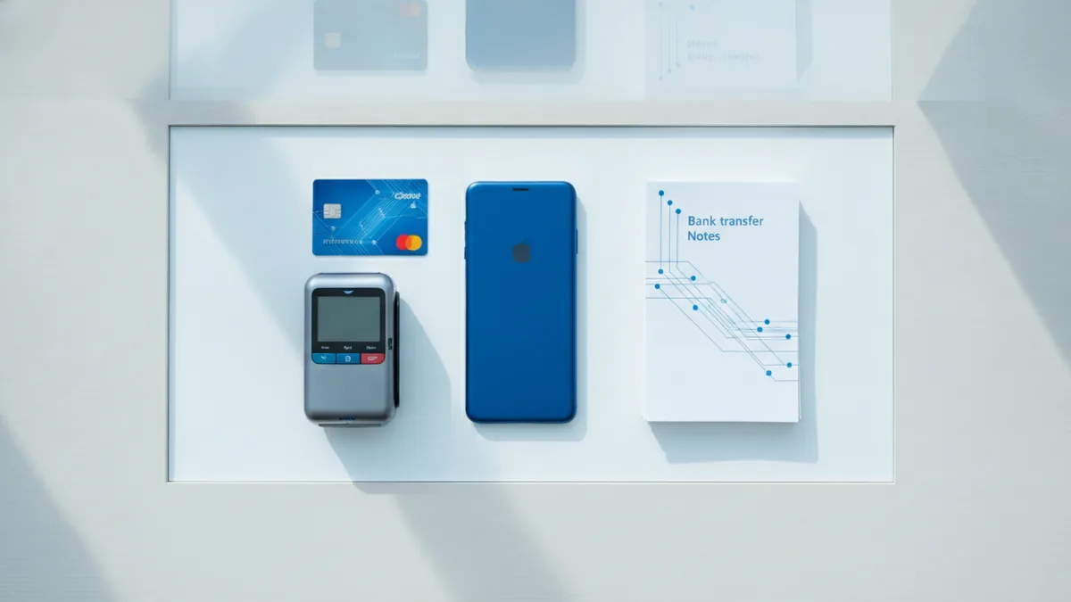 Phone wallet, contactless card, and bank transfer setup arranged on a desk