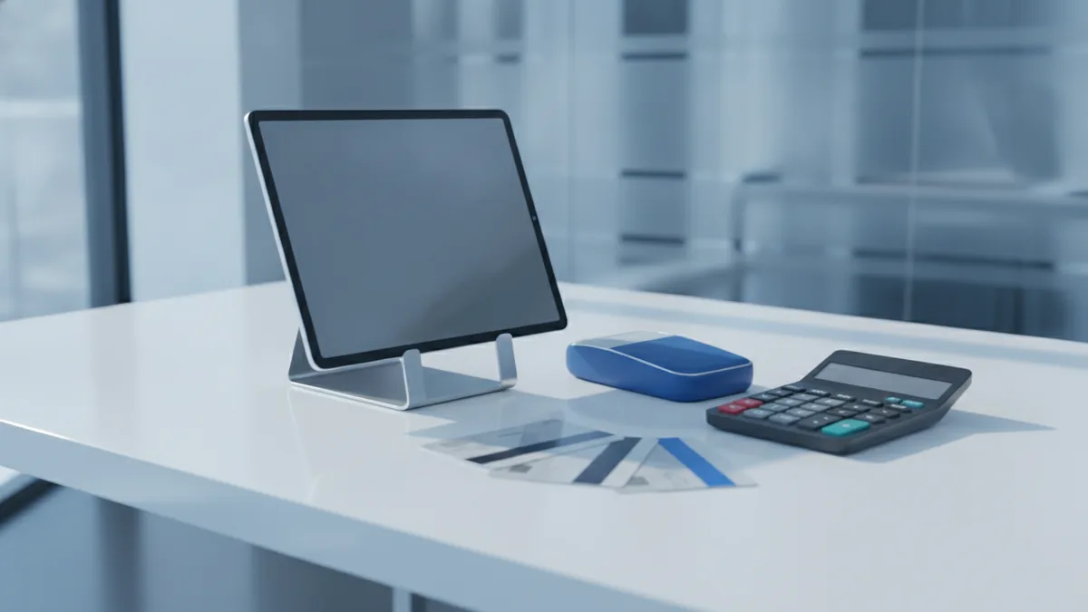 Business owner reviewing payment costs beside a tablet and card reader