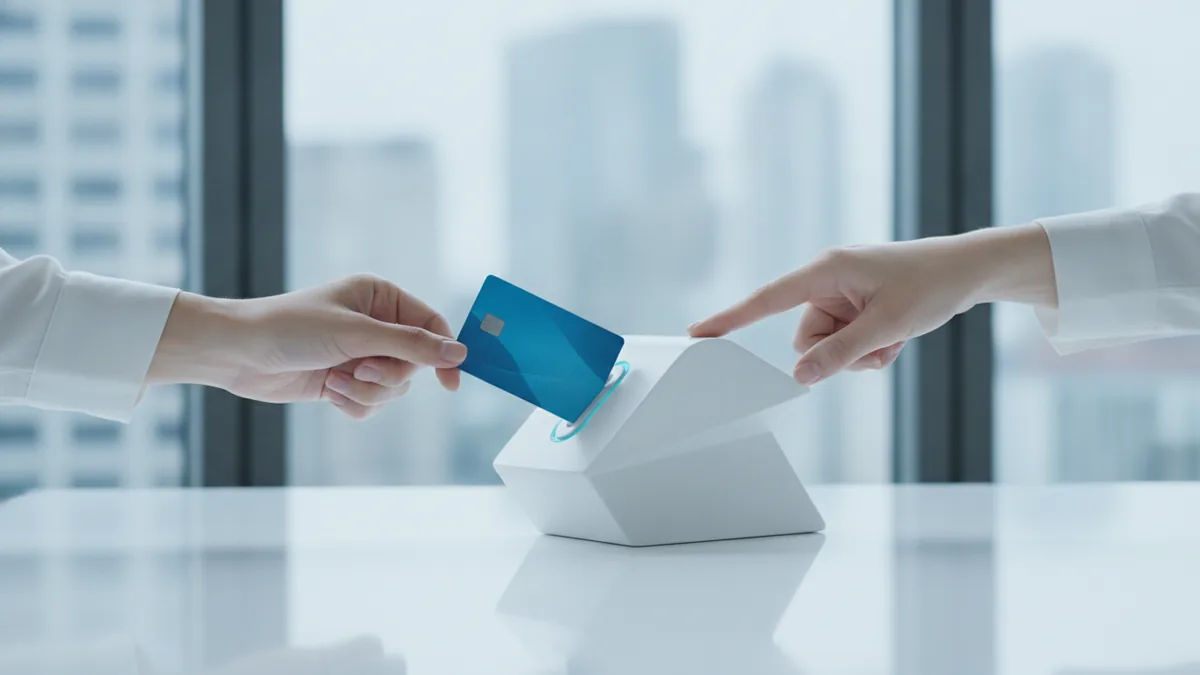 Payment handoff begins A customer paying at a terminal representing a payment handoff