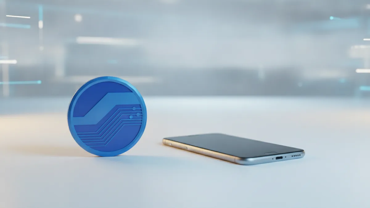 Crypto payments trend A coin and smartphone symbolizing crypto payments and conversion