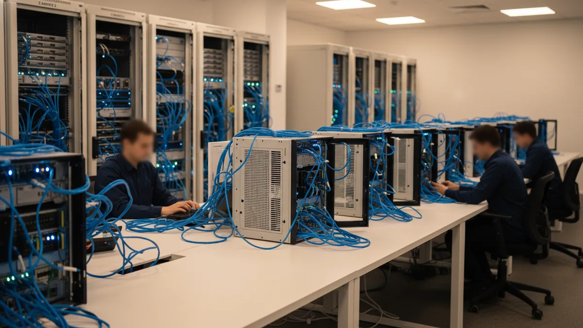 Behind-the-scenes payment systems Engineers and server hardware representing clearing and settlement infrastructure.