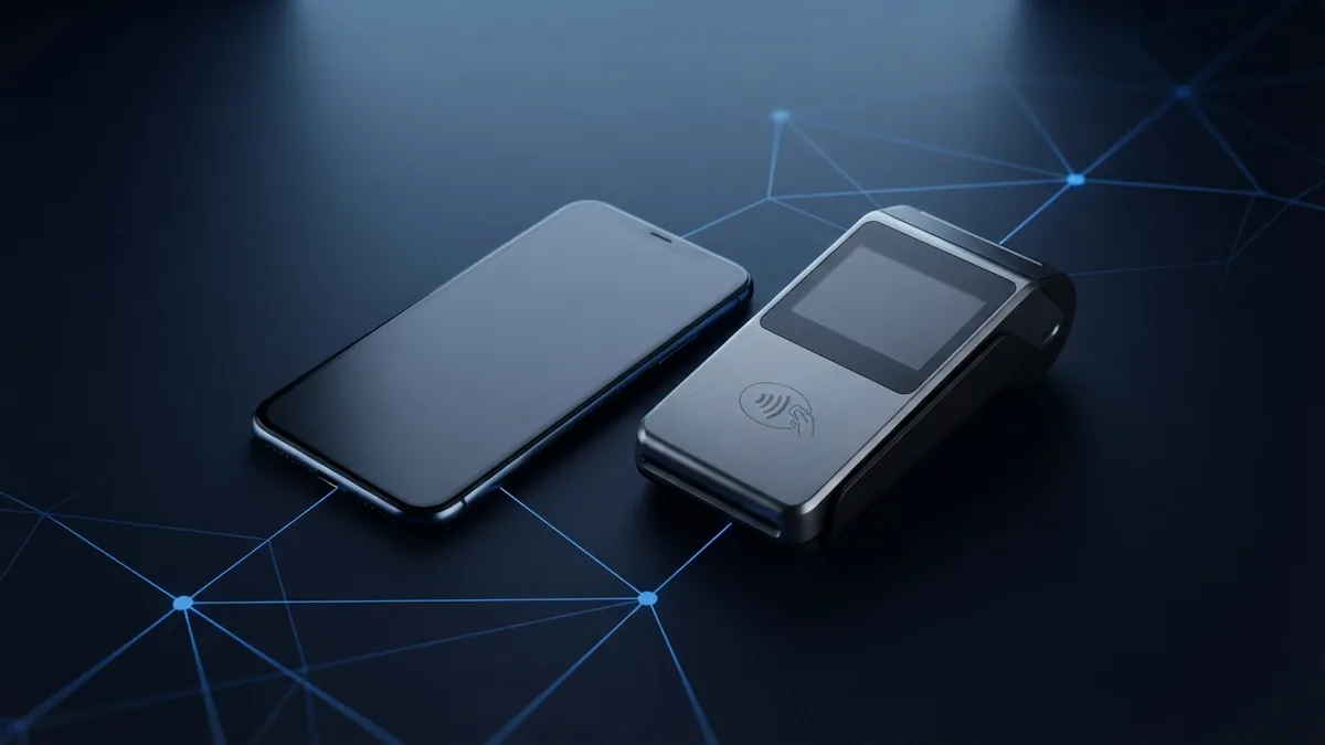 Contactless payment technology Blank smartphone beside a contactless terminal with abstract blue payment links