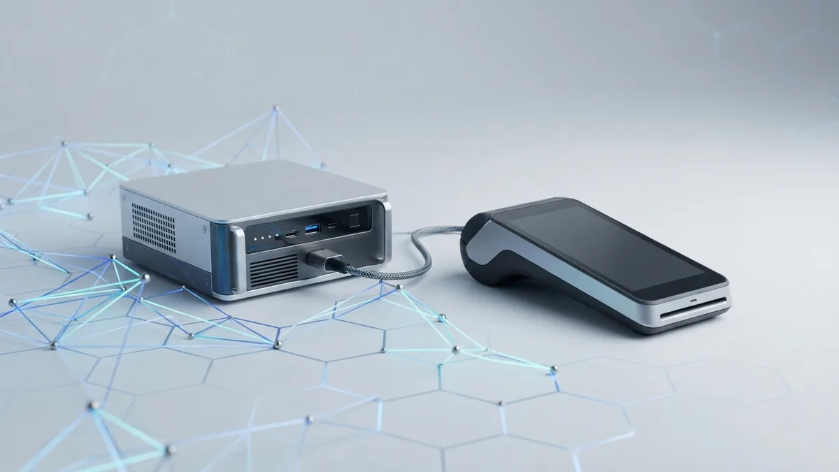 Server rack linked to payment hardware through blue network connections
