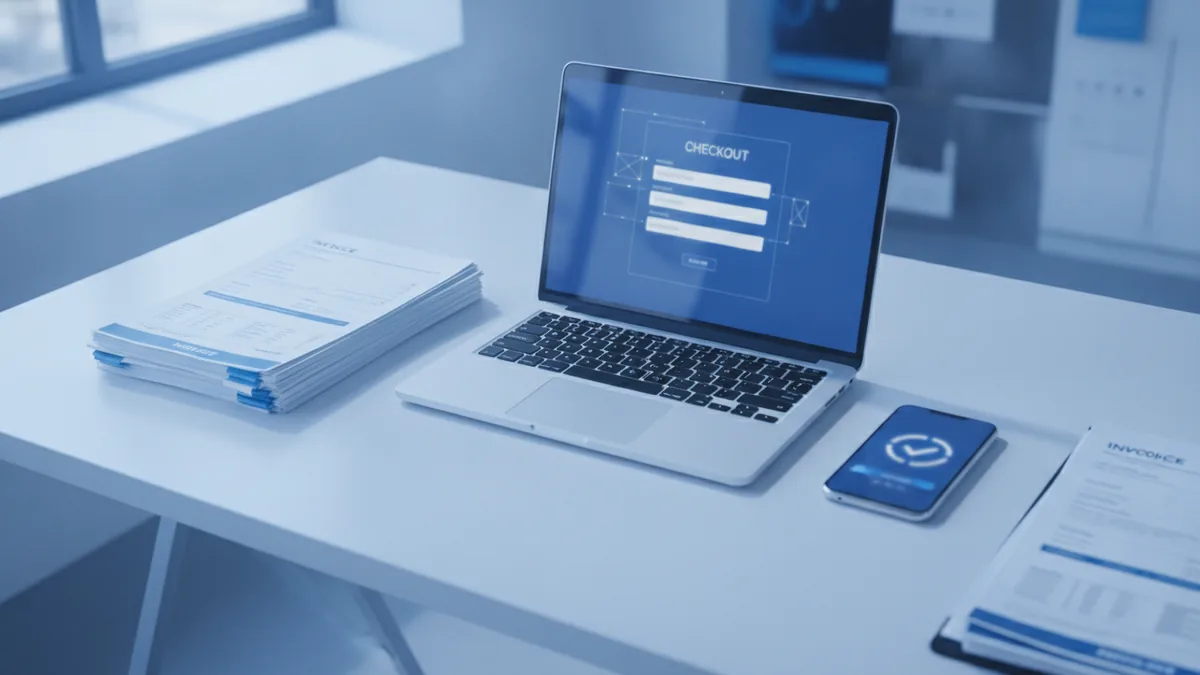 Small business owner planning payment options with laptop and phone