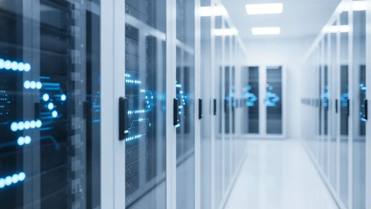 Server room setting representing payment routing and security systems