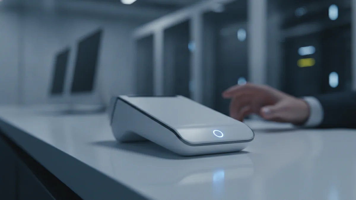 Card reader glow representing a temporary hold during payment checks.