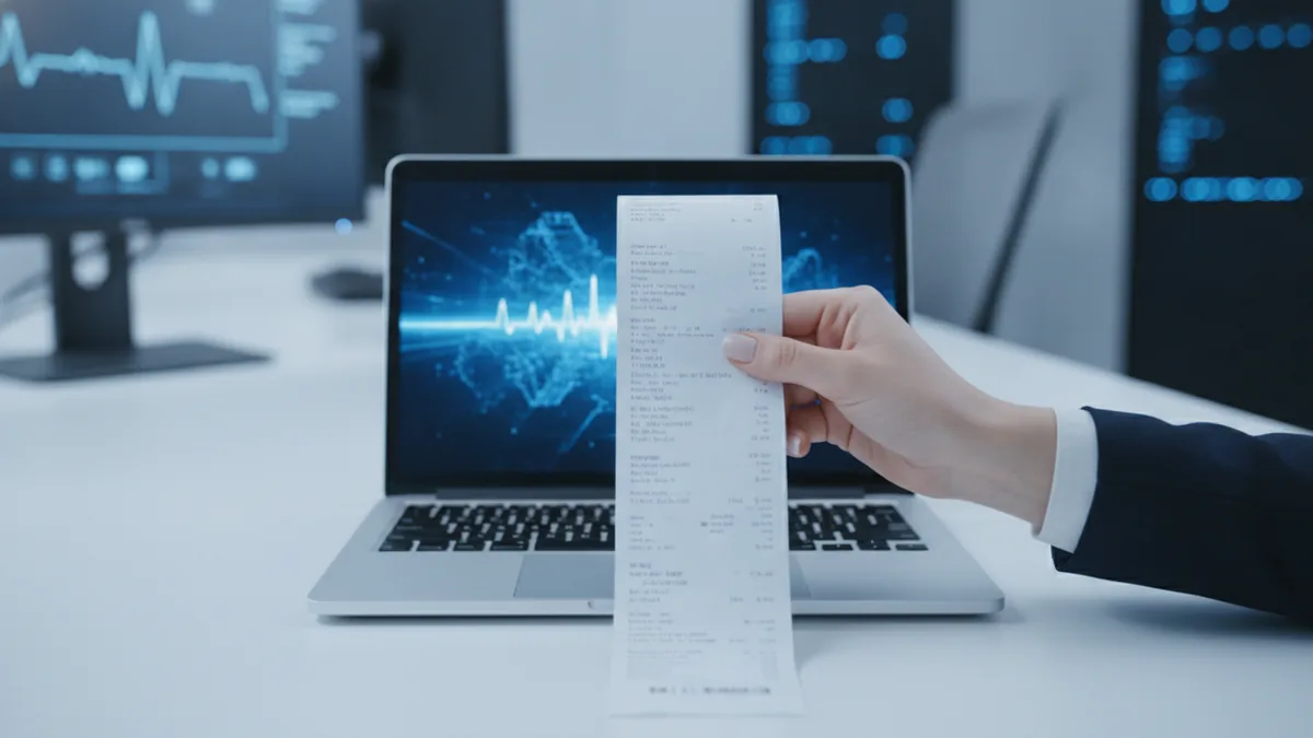 A receipt and laptop setup suggesting a finalized transaction record