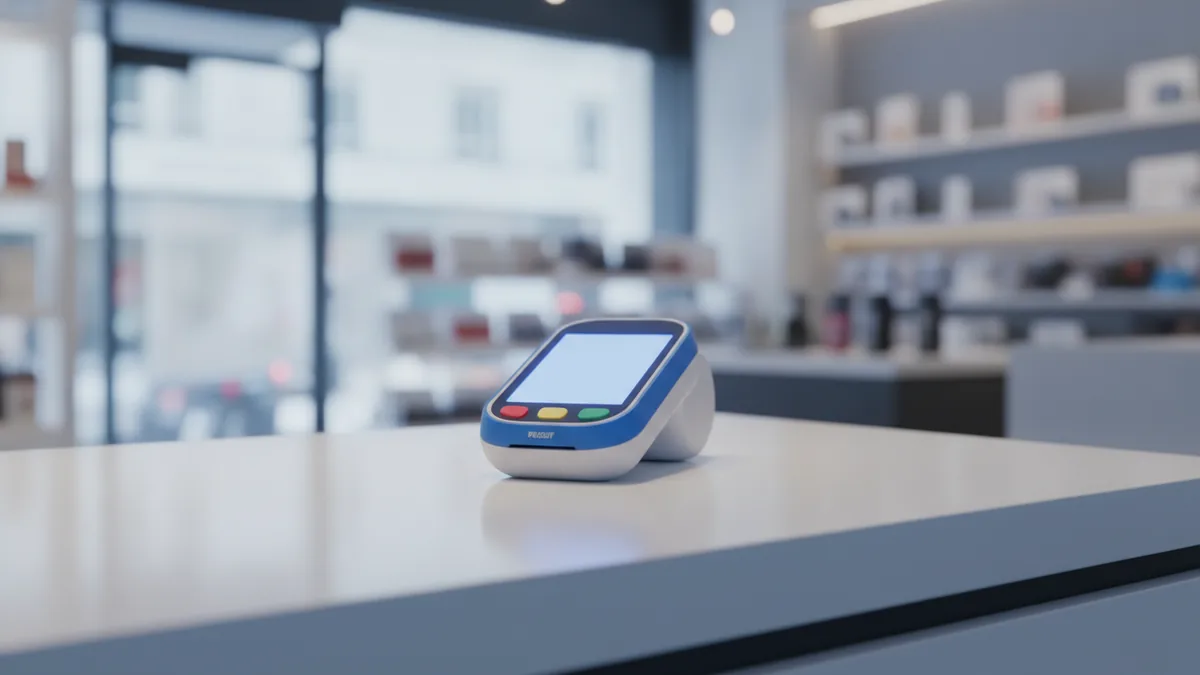 Card reader at a shop counter representing point-of-sale payments