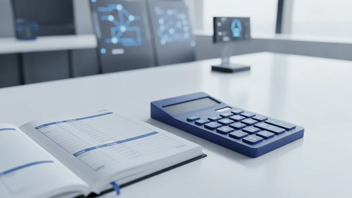 Calculator and ledger representing tracking transaction fees and payouts